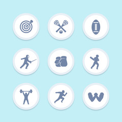 sports icons set, archery, lacrosse, cricket, football, fencing, boxing, weightlifting, running, arm wrestling vector pictograms