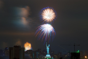 Occasion of holiday firework over Mother Motherland monument. Kyiv. Ukraine. Europe.