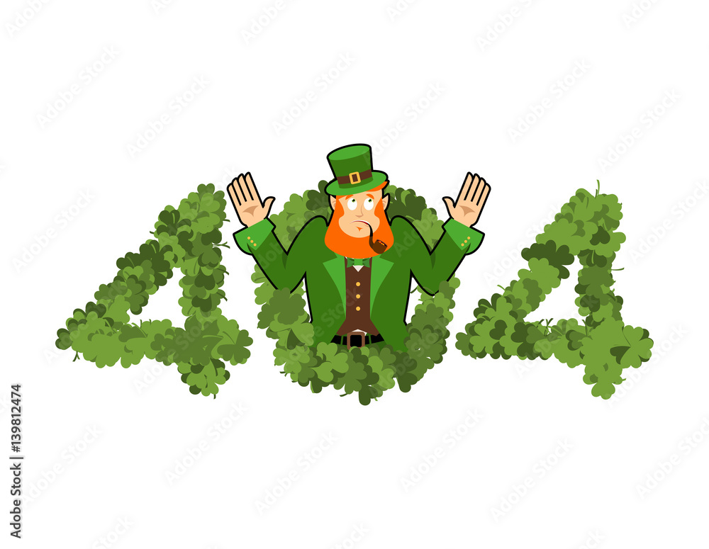 Poster error 404. leprechaun is surprise. page not found template for web site. irish dwarf does not know a