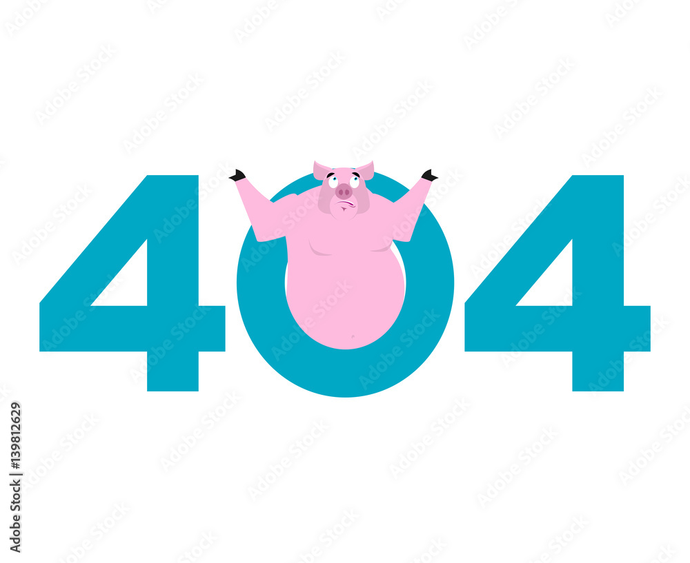Poster error 404. pig surprise. page not found template for web site. piggy does not know and is surprised.