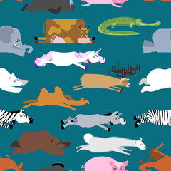 Sleeping animals seamless pattern. Seal and deer. Crocodile and camel. Zebra and bear. Walrus and kangaroo. Unicorn and Polar Bear. Cow and llama. Donkey, elephant and pig. wild animal sleeps 