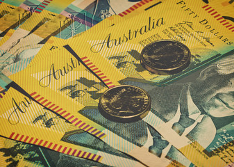 Australia $50 notes close up $2 coins Copyspace.