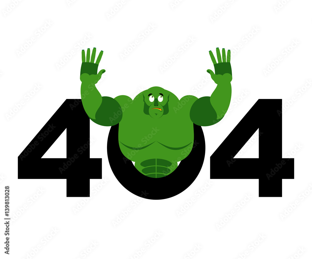 Poster error 404. troll is surprise. page not found template for web site. big green goblin does not know a