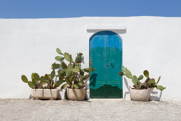 door of one of the typical white houses of the village of Ostuni, puglia, Italy