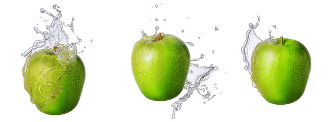 Water splash and fruits isolated on white backgroud. Fresh apple