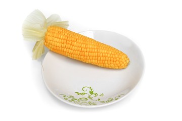  corn boiled on a plate  on white background