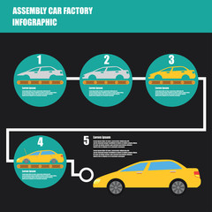 assembly car infographic / assembly line and car production plant process. flat vector illustration