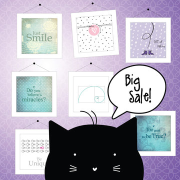 Big spring sale. Cat character. Background template. Design elements. Pictures.