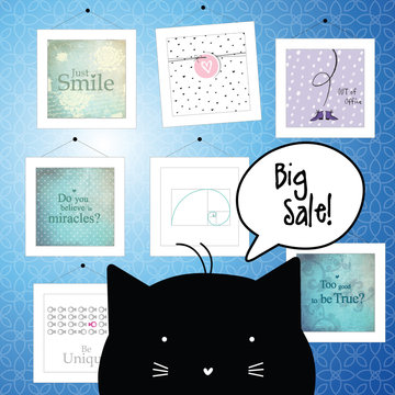 Big spring sale. Cat character. Background template. Design elements. Pictures.