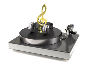Vinyl turntable with gold treble clef and headphones (3d illustration).