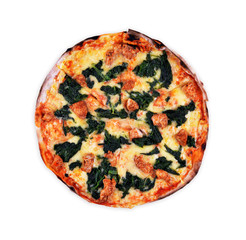 Delicious italian pizza with meat and spinach isolated on white background.