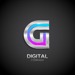 Letter G with metallic texture,3d Glossy, Digital and Technology, metal texture,  silver, steel and realistic shadow for logo, Vector illustration