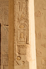 Ancient Egypt. The columns are decorated with carved hieroglyphs. Karnak Temple. Luxor. Thebes.