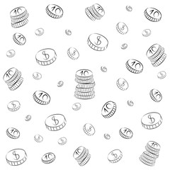 Hand Drawn Coins. Doodle Money Rain. Sketch Style. Vector Illustration.