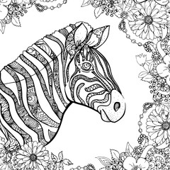 hand drawn ink doodle zebra and flowers on white background. design for adults, poster, print, t-shirt, invitation, banners, flyers. sketch. vector eps 8.