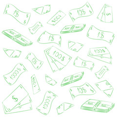 Hand Drawn Green Banknotes. Doodle Money Rain. Scribble Drawings of Cash. Vector Illustration.
