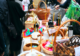 Traditional consecration of festive cakes and eggs at Easter in the Orthodox Church