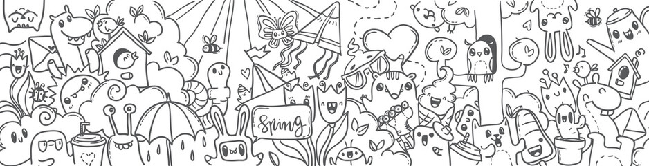 Spring hand drawn doodles banner. cartoon spring.  black-and-white doodles winter hand-drawn contour on a white background for children coloring