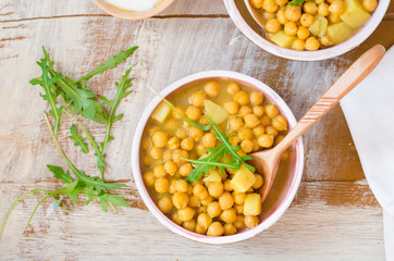 Chickpea soup on wooden background. Top view. Selective focus. Eastern cuisine