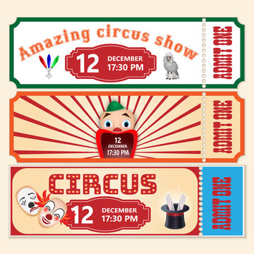 Circus show tickets vector templates with sample text on white background