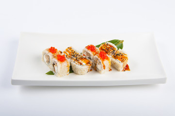 sushi roll with tuna, scrambled eggs, cream cheese and red caviar