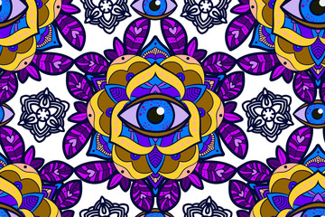 Seamless pattern. Beautiful ornamental peony, rose flower with an eye of providence. Old school tattoo, print T-shirts, packaging, smartphone cover, napkins, pillows. Alchemical Tarot Magic flower.