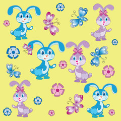 Funny baby rabbits. Yellow background. Composition, pattern. Isolated children's cartoon characters. Design for textiles, wall hangings, wrapping paper.