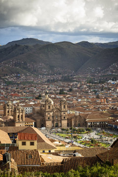 Elevated view over Cuzco and Plaza de Armas, Cuzco, Peru.