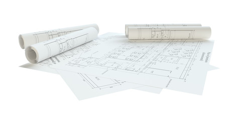 Rolled House Blueprints. Isolated © cherezoff