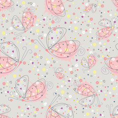 Vector seamless floral pattern with insect Hand drawn outline decorative endless background with cute drawn butterfly, flowers Graphic illustration. Line drawing. Print for wrapping, background, decor - 139823456