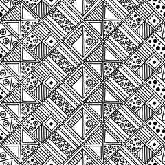 Seamless vector pattern. Black and white geometrical background with hand drawn decorative tribal elements. Print with ethnic, folk, traditional motifs. Graphic vector illustration.