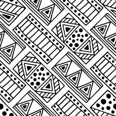 Seamless vector pattern. Black and white geometrical background with hand drawn decorative tribal elements. Print with ethnic, folk, traditional motifs. Graphic vector illustration.