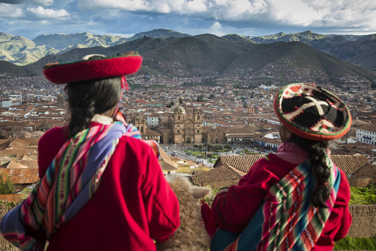 Elevated view over Cuzco and Plaza de Armas, Cuzco, Peru.