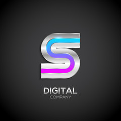 Letter S with metallic texture,3d Glossy, Digital and Technology, metal texture,  silver, steel and realistic shadow for logo, Vector illustration