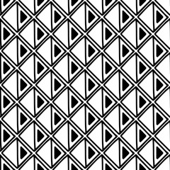 Seamless vector pattern. Black and white geometrical background with hand drawn decorative tribal elements. Print with ethnic, folk, traditional motifs. Graphic vector illustration.