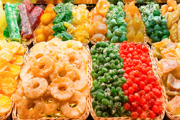 Piles of sweet candy fruits