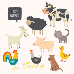 Set of cute farm animals - dog, cat, cow, pig, hen, cock, duck, goat.
