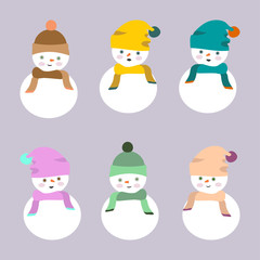 Different cute snowmen with hats and scarves