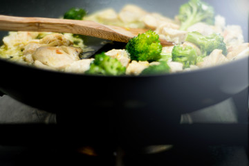 Delicious healthy eating, broccoli and white meat in a pan.