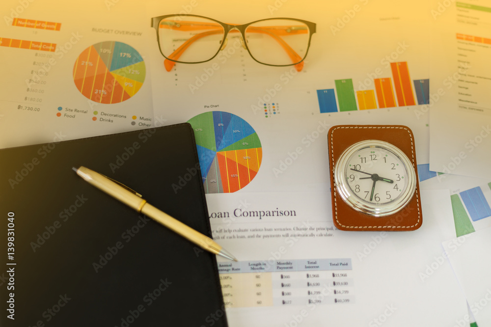 Poster business concept of office working and analysis graphics and clock on table
