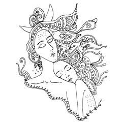 Vector kissing couple in doodle style on doodle background. Can be used as card, invitation, background, adult coloring book. Hand drawn style. Wedding invitation. Zentagle. st. Valentine's day card.