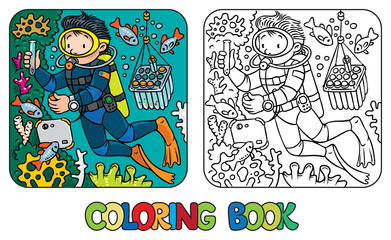 Funny oceanographer or diver. Coloring book