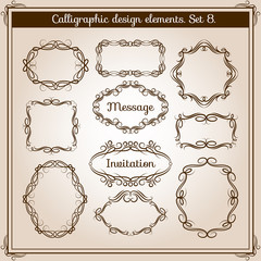 Retro floral calligraphic wicker frames. Ornamental vector flourish drawing frame set