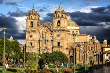 Fototapeta na wymiar Catedral La Compania in the sunlight after a rain shower, Cusco, Peru