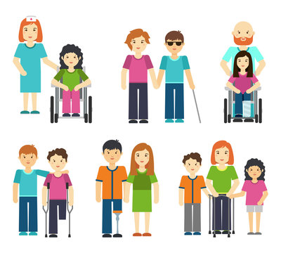 Disabled people with helping vector illustration. Wheelchair patient nurse, handicapped person