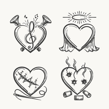 Tattoo hearts. Hand drawn heart icons vector illustration. Angel of music, needle and bullets isolated on white background