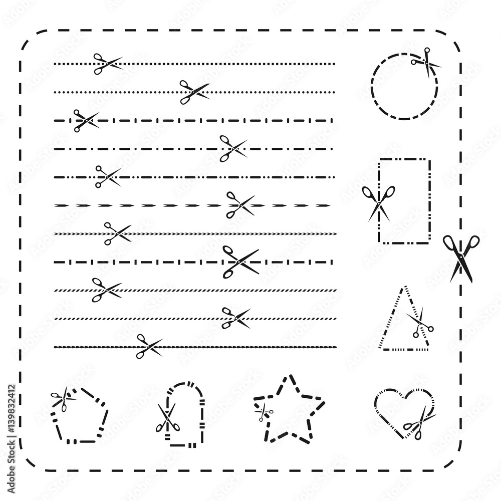 Aufkleber scissors cutout line icons. vector dashed and dotted cutting paper lines for design