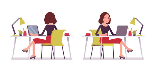 Set of young secretary in sitting pose, rear, front view