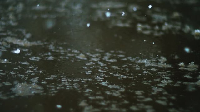 Snowflakes drops on puddle. Winter concept.