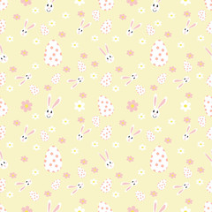 Easter seamless pattern with flowers,rabbit and holiday eggs.Perfect for wallpaper, gift paper, pattern fills, web page background, spring and Easter greeting cards.